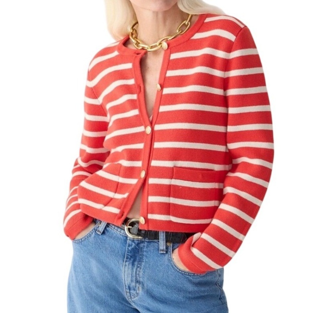 J.Crew Emilie Sweater Striped Cotton Cardigan Womens S Gold Crest Buttons